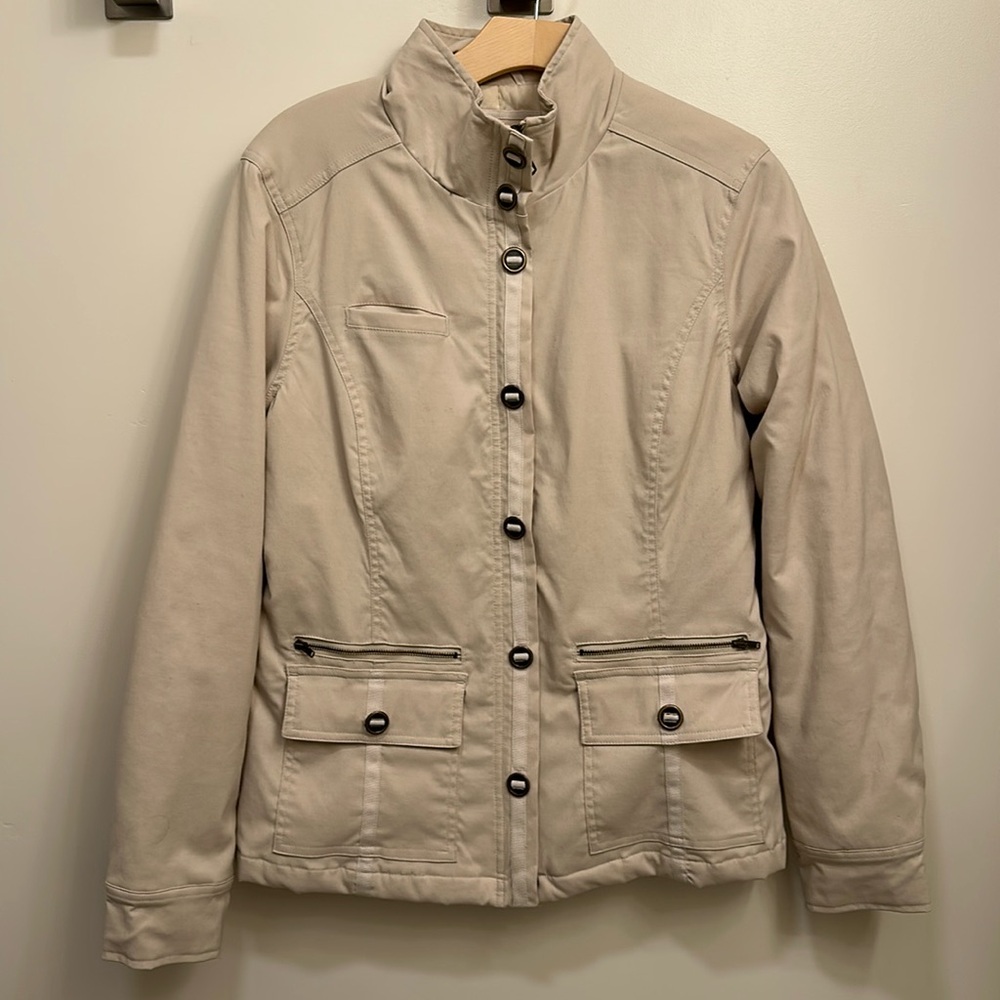 Prana medium weight light khaki jacket with zip front and ample pockets, Medium